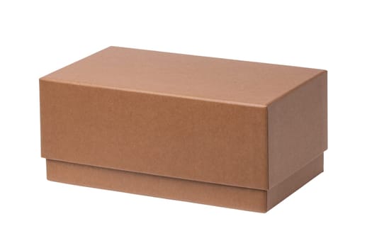 Closed brown cardboard box or kraft paper box with clipping path isolated on white background. Suitable for packaging. Macro.