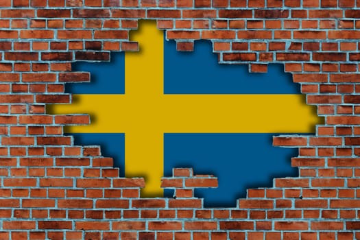 3D Flag of Sweden behind the broken old stone wall background.