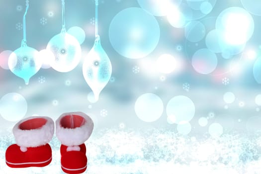 Christmas card template. Abstract festive light blue white winter christmas with bokeh lighted snowflakes, stars, xmas balls and empty Santa boots. Space for your design.