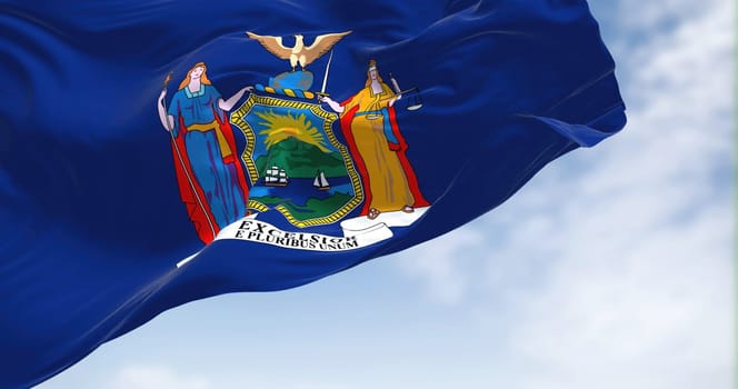 The flag of the American state of New York waving on a clear day. Green screen and chroma key. Seamless loop in slow motion