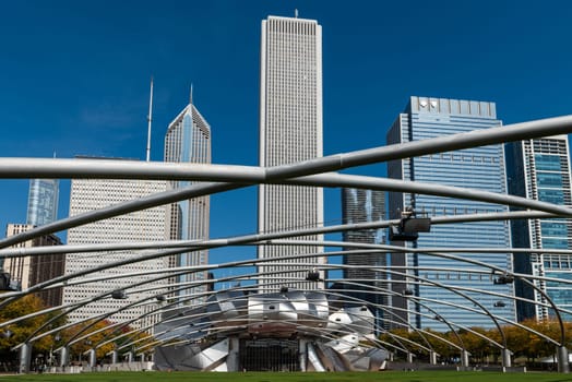 October 14, 2018, Millenium park, Chicago, Illinois, USA : famous entrance of the millenium park in the center of Chicago city with the skyline of downtown