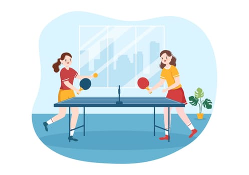 People Playing Table Tennis Sports with Racket and Ball of Ping Pong Game Match in Flat Cartoon Hand Drawn Templates Illustration