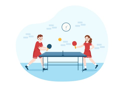People Playing Table Tennis Sports with Racket and Ball of Ping Pong Game Match in Flat Cartoon Hand Drawn Templates Illustration