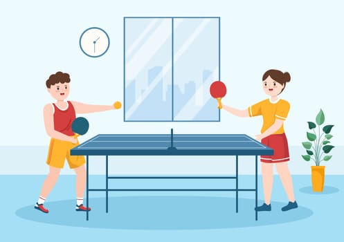 People Playing Table Tennis Sports with Racket and Ball of Ping Pong Game Match in Flat Cartoon Hand Drawn Templates Illustration
