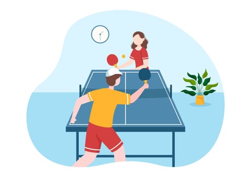 People Playing Table Tennis Sports with Racket and Ball of Ping Pong Game Match in Flat Cartoon Hand Drawn Templates Illustration