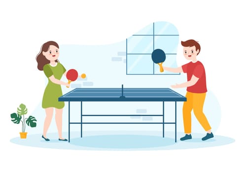People Playing Table Tennis Sports with Racket and Ball of Ping Pong Game Match in Flat Cartoon Hand Drawn Templates Illustration