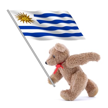 A Uruguay flag being carried by a cute teddy bear