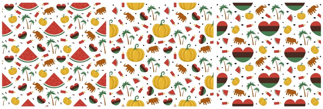 Set of Happy Kwanzaa Holiday African Seamless Pattern Design with Festival Style Element on Template Hand Drawn Cartoon Flat Illustration