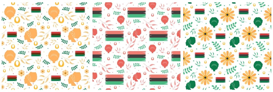 Set of Happy Kwanzaa Holiday African Seamless Pattern Design with Festival Style Element on Template Hand Drawn Cartoon Flat Illustration