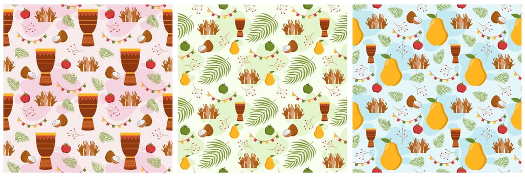 Set of Happy Kwanzaa Holiday African Seamless Pattern Design with Festival Style Element on Template Hand Drawn Cartoon Flat Illustration