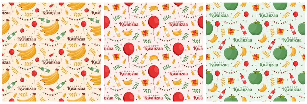 Set of Happy Kwanzaa Holiday African Seamless Pattern Design with Festival Style Element on Template Hand Drawn Cartoon Flat Illustration