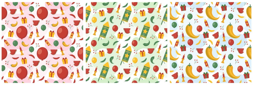 Set of Happy Kwanzaa Holiday African Seamless Pattern Design with Festival Style Element on Template Hand Drawn Cartoon Flat Illustration