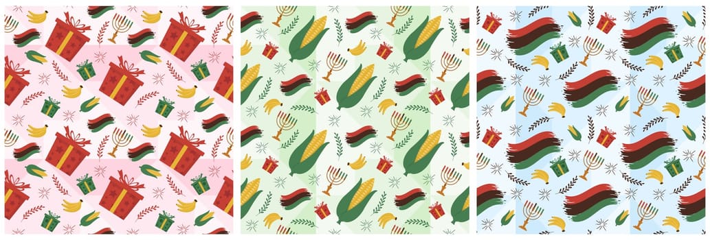 Set of Happy Kwanzaa Holiday African Seamless Pattern Design with Festival Style Element on Template Hand Drawn Cartoon Flat Illustration
