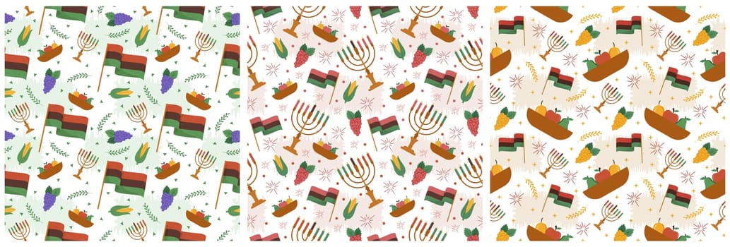 Set of Happy Kwanzaa Holiday African Seamless Pattern Design with Festival Style Element on Template Hand Drawn Cartoon Flat Illustration