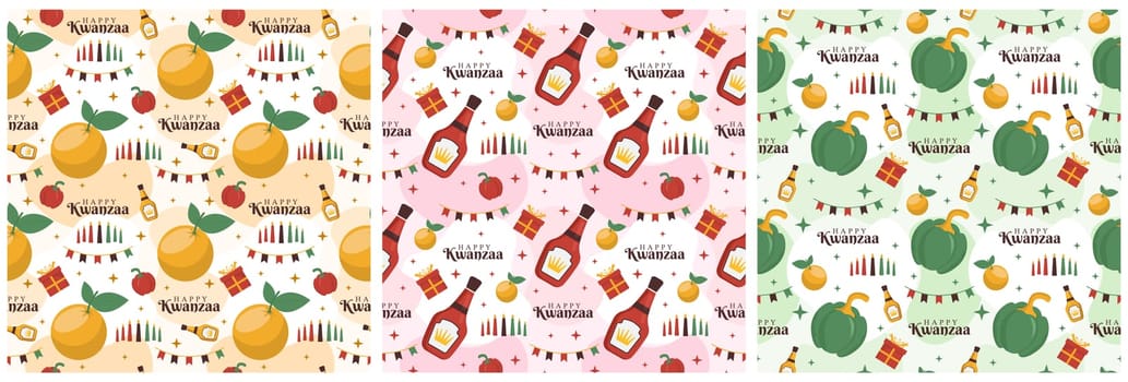 Set of Happy Kwanzaa Holiday African Seamless Pattern Design with Festival Style Element on Template Hand Drawn Cartoon Flat Illustration