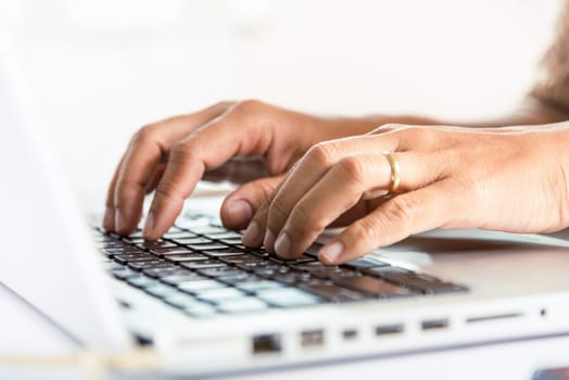 Typing keyboard. Close up Hands of business woman over laptop keypad during working at desk, female person text message for new project she remote work on computer, teen chat online with friend
