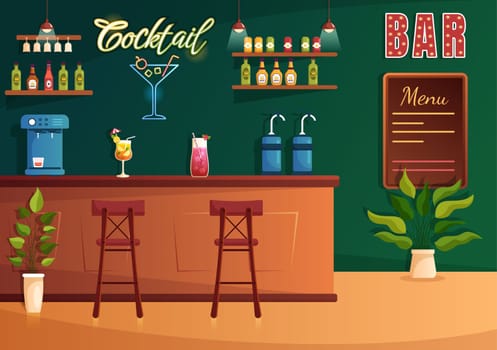 Cocktail Bar or Nightclub with Friends Hanging Out with Alcoholic Fruit Juice Drinks or Cocktails on Flat Hand Drawn Cartoon Template Illustration