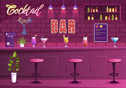 Cocktail Bar or Nightclub with Friends Hanging Out with Alcoholic Fruit Juice Drinks or Cocktails on Flat Hand Drawn Cartoon Template Illustration