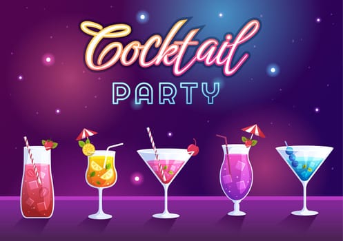 Cocktail Bar or Nightclub with Friends Hanging Out with Alcoholic Fruit Juice Drinks or Cocktails on Flat Hand Drawn Cartoon Template Illustration