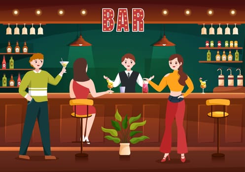 Cocktail Bar or Nightclub with Friends Hanging Out with Alcoholic Fruit Juice Drinks or Cocktails on Flat Hand Drawn Cartoon Template Illustration