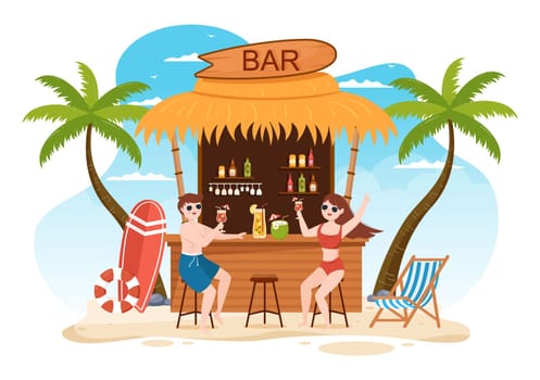 Tropical Cocktail Bar Serving Alcoholic Fruit Juice Drinks or Cocktails by the Sea on Flat Hand Drawn Cartoon Template Illustration