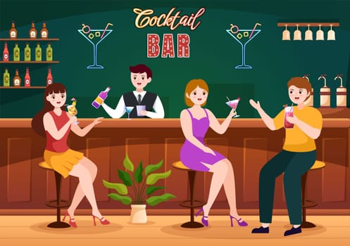 Cocktail Bar or Nightclub with Friends Hanging Out with Alcoholic Fruit Juice Drinks or Cocktails on Flat Hand Drawn Cartoon Template Illustration