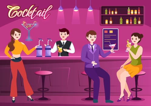 Cocktail Bar or Nightclub with Friends Hanging Out with Alcoholic Fruit Juice Drinks or Cocktails on Flat Hand Drawn Cartoon Template Illustration