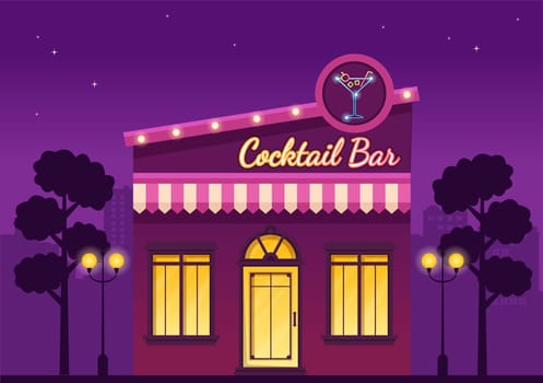 Cocktail Bar or Nightclub with Friends Hanging Out with Alcoholic Fruit Juice Drinks or Cocktails on Flat Hand Drawn Cartoon Template Illustration