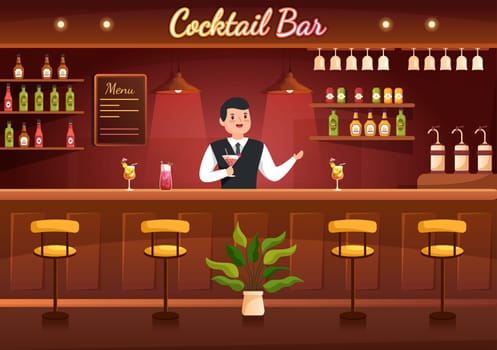 Cocktail Bar or Nightclub with Friends Hanging Out with Alcoholic Fruit Juice Drinks or Cocktails on Flat Hand Drawn Cartoon Template Illustration