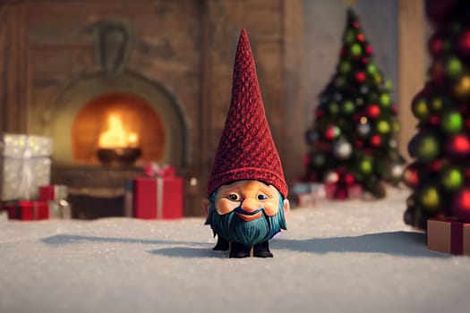 Christmas gnome greeting card with bokeh lights on the tree, gift boxes for the holiday, winter season, illustration