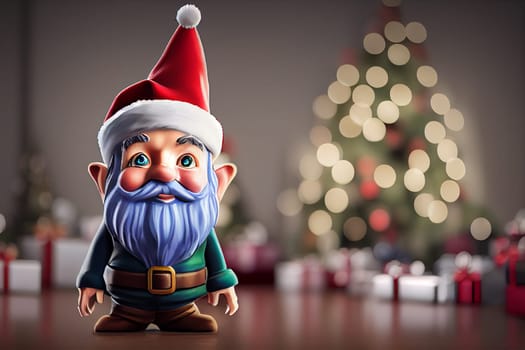 Christmas gnome greeting card with bokeh lights on the tree, gift boxes for the holiday, winter season, illustration