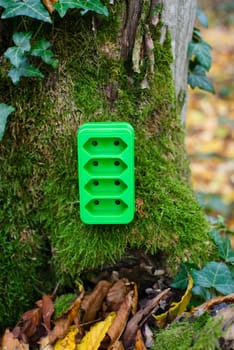 Green electricity socket on a tree trunk, substainable renewable energy, csr concept, environment protection, eco technology