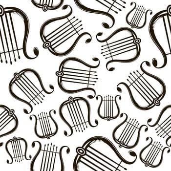 Retro Greek lyre with strings. Musical instrument icon seamless pattern isolated on white background.