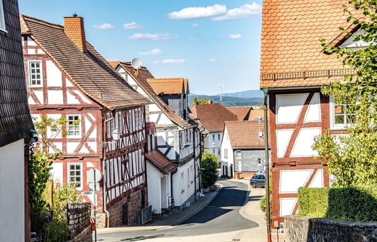 View of the buildings and streets of old small town Amoeneburg in Hesse, Germany.