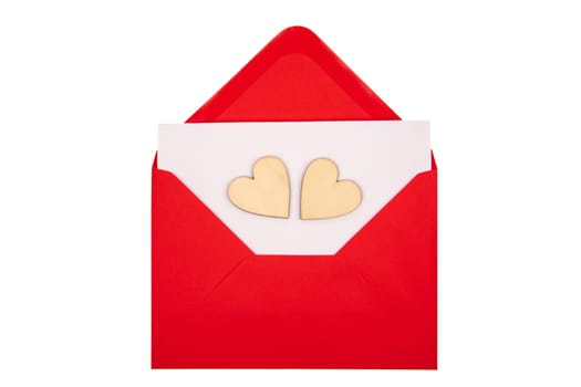 Red envelope with two little hearts isolated over white background