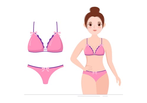 Collection of Stylish Woman Lingerie, Bra and Undies Underwear with Pink and Purple Color on Flat Cartoon Hand Drawn Templates Illustration