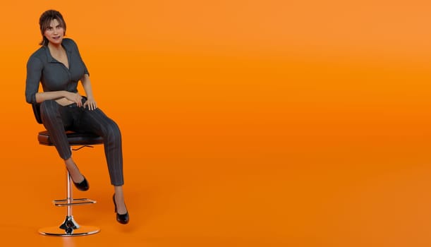 business woman sitting at the bar smiling and talking in black suit on orange background 3D illustration