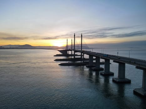 Aerial view Penang Bridge in sunrise morning