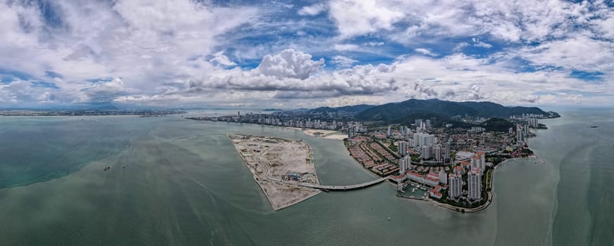 Panorama aerial view Tanjung Tokong at Penang Island in blue cloudy day