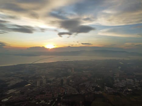 Aerial view Perai town in misty sunset