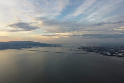 First Penang Bridge in sunset hour aerial view