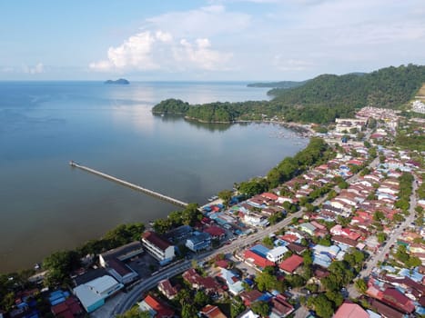 Aerial view suburban village Gertak Sanggul near the sea