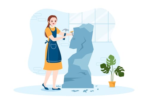 a Sculptor is Carving Sculpture to Form a Work and Will be on Display in the Museum on Flat Cartoon Hand Drawn Templates Illustration