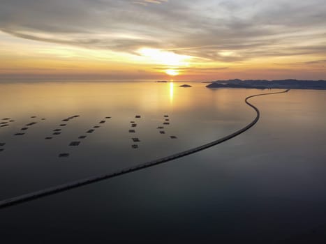Aerial view Penang Second Bridge in dramatic sunset hour