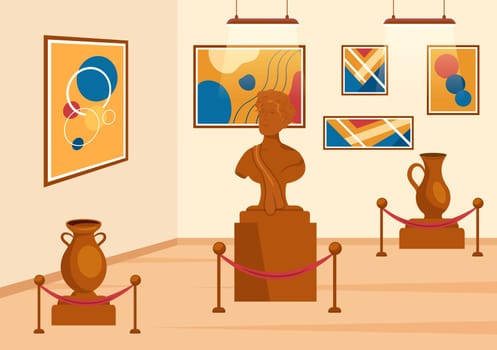 Contemporary Art Abstract Sculptures of Performance Standing in Exposition Hall or Museum on Flat Cartoon Hand Drawn Templates Illustration