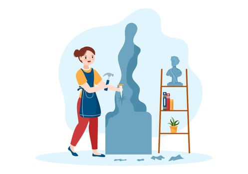 a Sculptor is Carving Sculpture to Form a Work and Will be on Display in the Museum on Flat Cartoon Hand Drawn Templates Illustration