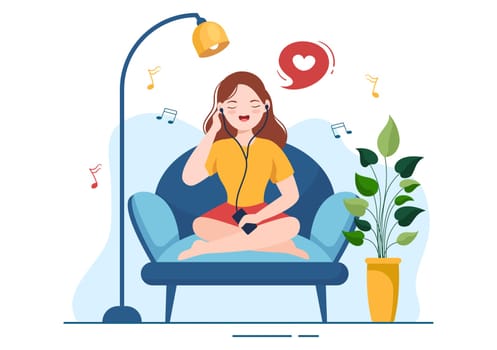 MP3 Player with Headphones, Headset and Phone of Music Listening Devices in Mobile App on Flat Cartoon Hand Drawn Templates Illustration