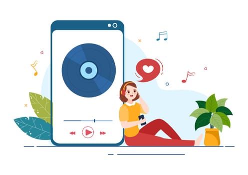 MP3 Player with Headphones, Headset and Phone of Music Listening Devices in Mobile App on Flat Cartoon Hand Drawn Templates Illustration