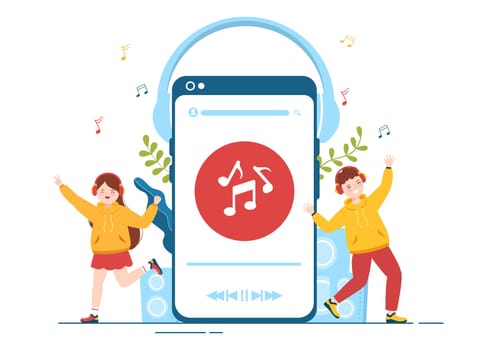 MP3 Player with Headphones, Headset and Phone of Music Listening Devices in Mobile App on Flat Cartoon Hand Drawn Templates Illustration