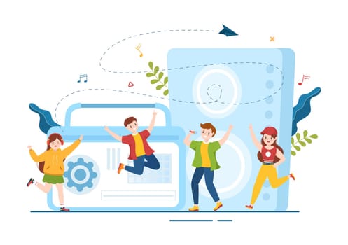 MP3 Player with Headphones, Headset and Phone of Music Listening Devices in Mobile App on Flat Cartoon Hand Drawn Templates Illustration